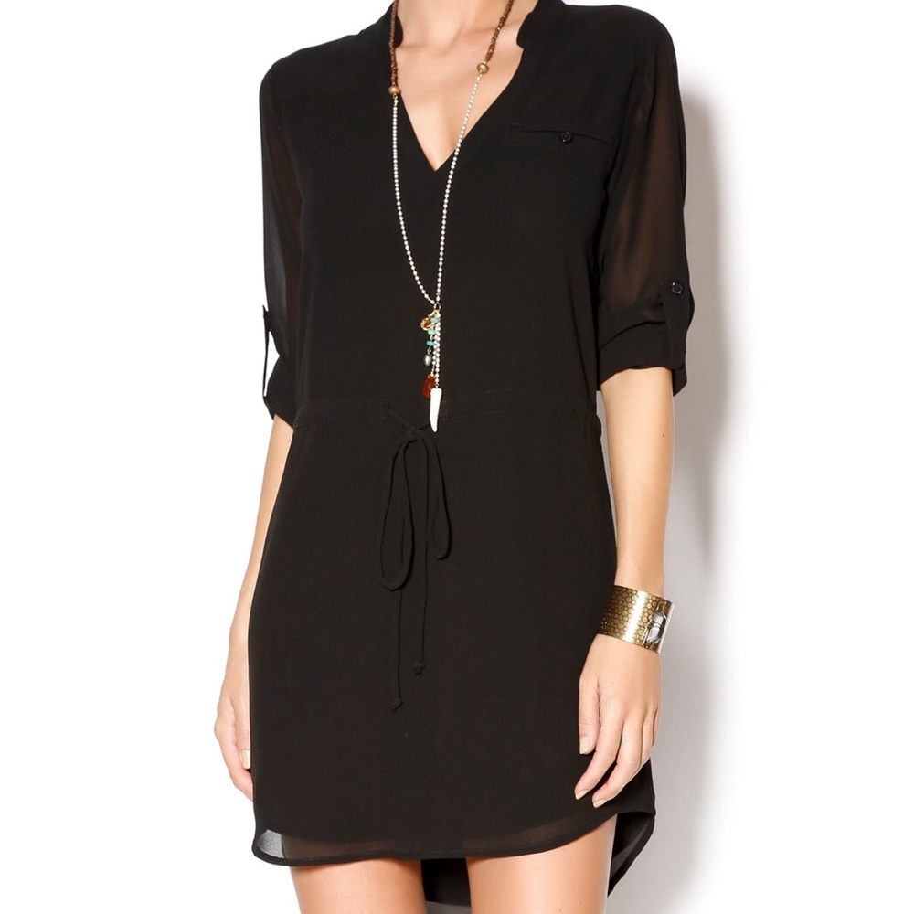 Naked Zebra Black Sheer Long Sleeve Belted Dress
